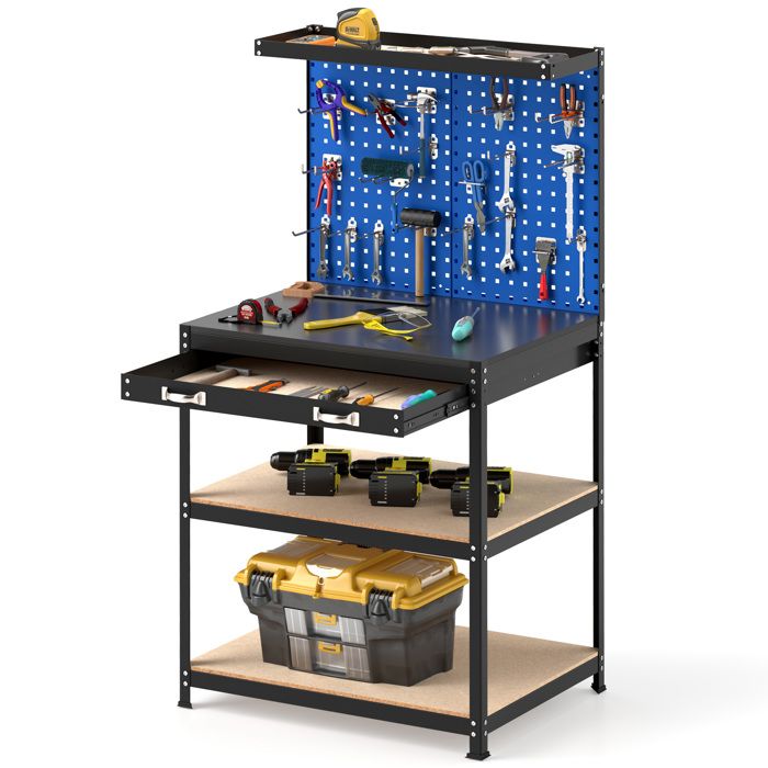 GOPLUS Établi 81x41CM avec Panneau Perforé-Table de Travail avec 20 Crochets à Outils Tiroir Etagères Ouvertes-Charge 225KG Bleu