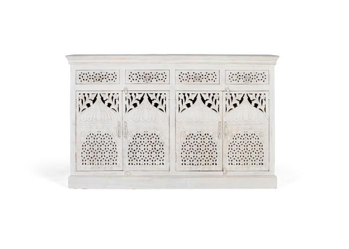 Buffet Bas - Mangoholz - 4 Portes - 4 Tiroirs - Blanc - 180x90x40 cm