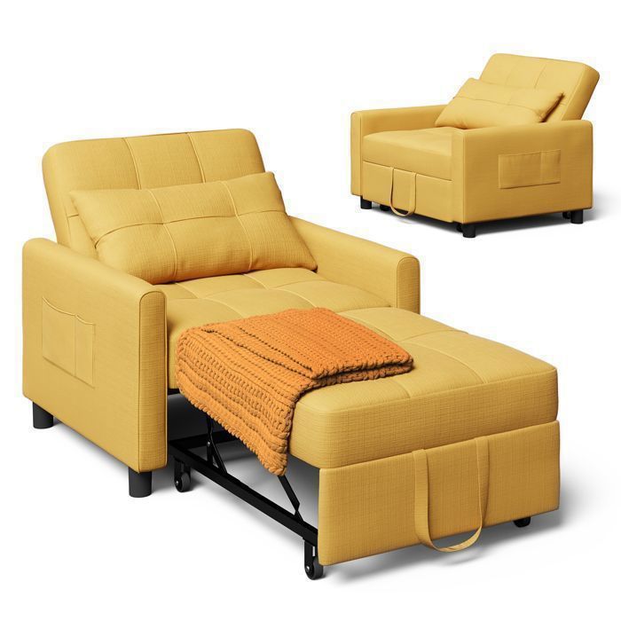 Fauteuil Convertible - Bealife - Fauteuil-lit - Canapé 1 Place - Lin Jaune Solaire - Chaise Longue - Coussin - Réglable - Rangement