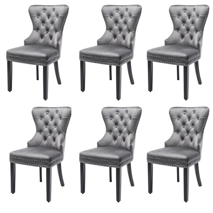 Lot 6 chaises velours gris pied chêne - Boutons heurtoir chromé & garniture cloutée - Salon/cuisine/salle à manger Lot 6 chaises velours gris pied chêne - Boutons heurtoir chromé & garniture cloutée - Salon/cuisine/salle à manger