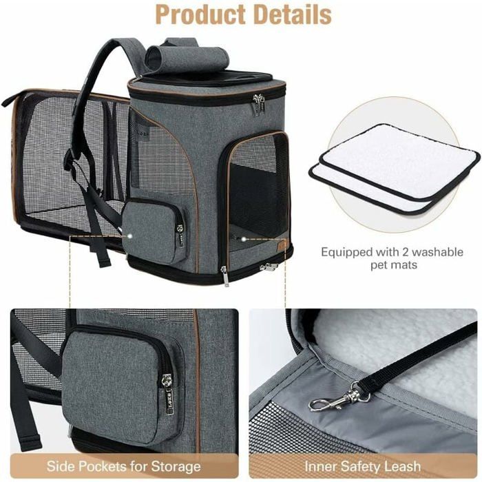 Sac à Dos Chat Chien Extensible Sac Transport Chat Chien Pliable pour Petits Chiens avec Laisse de Sécurité Intérieure et 2