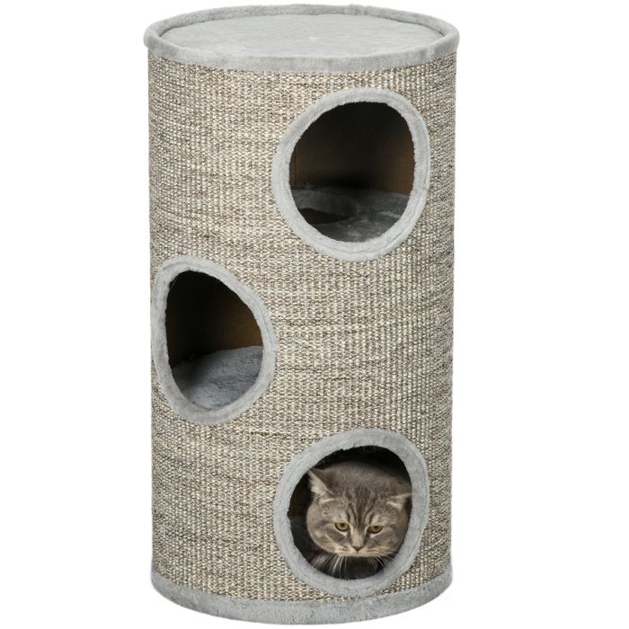 Comparer les prix de Tonneau à gratter pour chat - PawHut - 3 niveaux - recouvert de peluche - en sisal - Ø 38 x 70 cm - gris