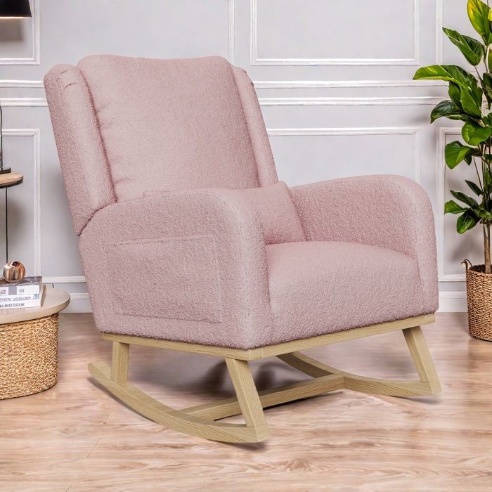 Fauteuil à bascule - Rose - Teddy velours - Accoudoirs avec poches - Design ergonomique