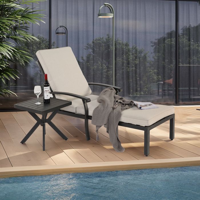 Chaise longue de patio avec coussin en coton inclinable et réglable chaise longue de piscine en aluminium résistant à la rouille
