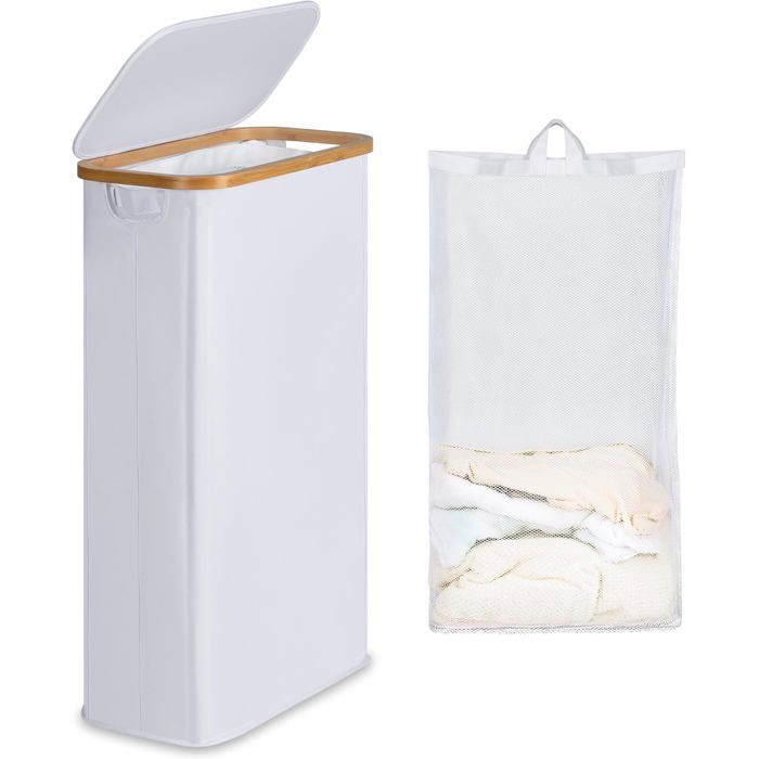 panier linge étroit 63L avec couvercle. Structure bambou sac amovible. Design mince pour espaces réduits.Blanc.