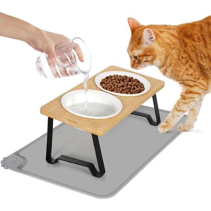 Gamelle chat surélevée 2 bols céramique + support incliné 15° + tapis antidérapant
