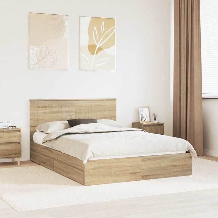Lit de rangement - UU - Chêne sonoma - 140x190 cm - Bois dingénierie - 200x143x90 cm - Avec tiroir - Cadre à lattes