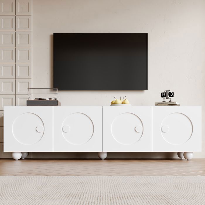 Meuble TV Bas Blanc - 1805 x 38 x 50 cm - Portes à Relief Circulaire 3D - Buffet Télévision Moderne