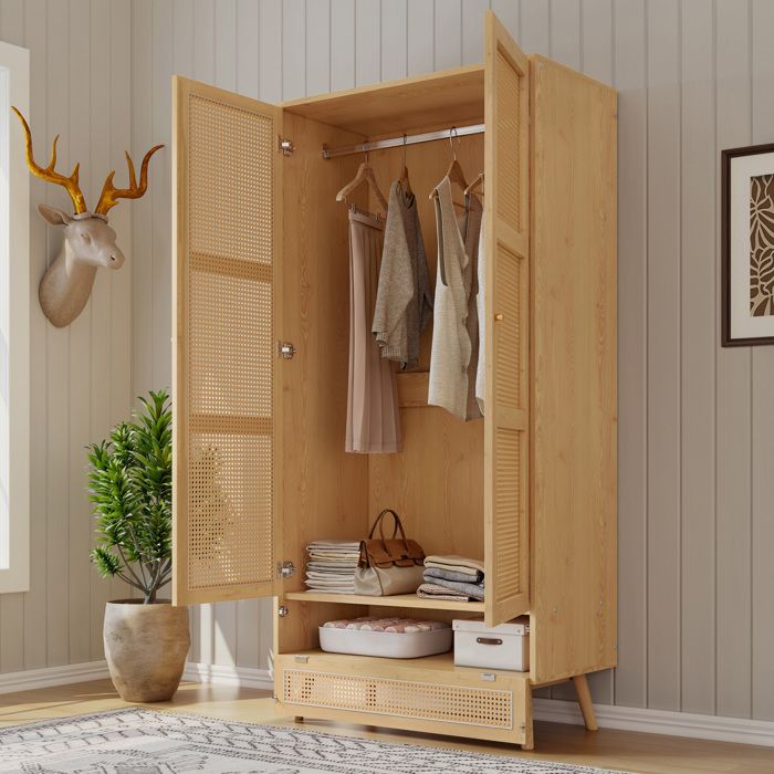 Armoire 90x45x183cm tringle doubles portes maille en rotin rabat inférieur panneaux de particules + rotin PE couleur naturelle