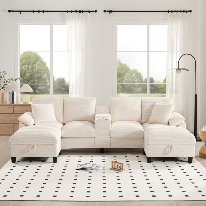 Canapé dangle en forme de U 4 placesVelours CôteléAvec 2 Ports USB et Porte-gobelets293 × 142 × 93 cmBeige