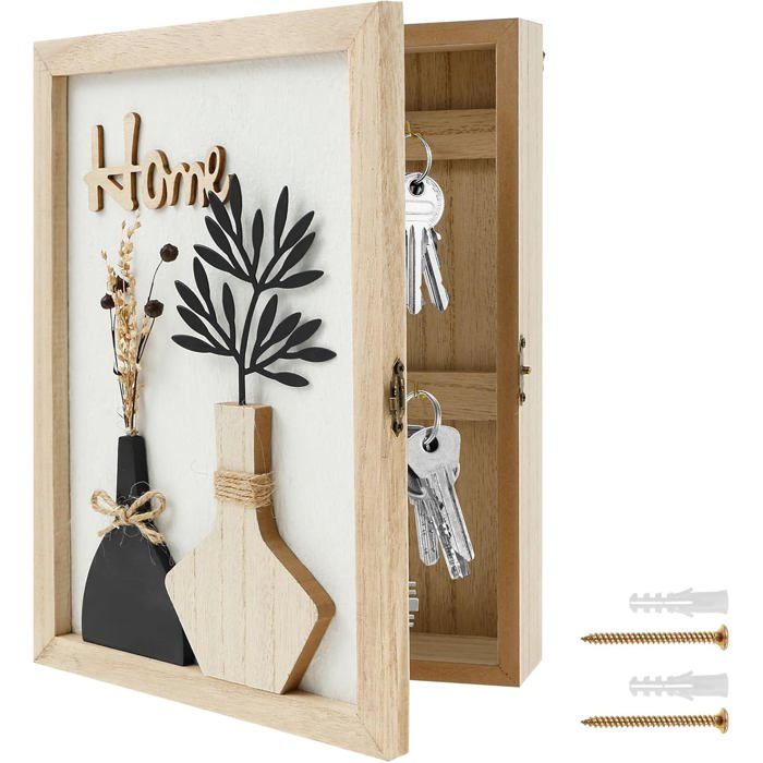 Boîte à clés murale en bois - ESTAMPILLE - 6 crochets - Fleurs séchées - 20x6x27 cm - Montage mural - Style rustique