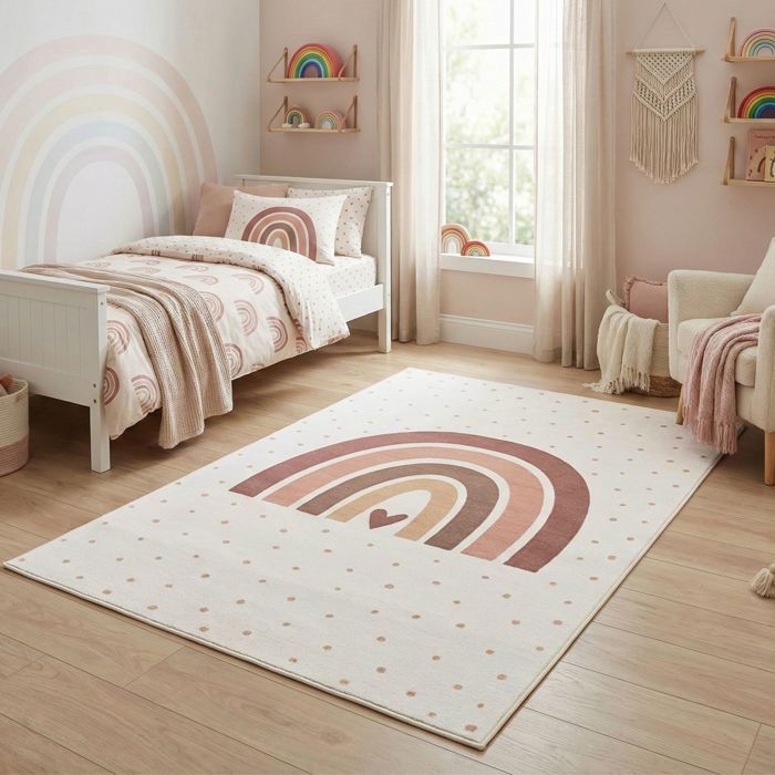 Carpetsale24 Tapis Enfant 120x170 cm Arc en Ciel Creme Motif Coeur Tapis de Jeu Chambre Enfant ideal comme tapis deco douce
