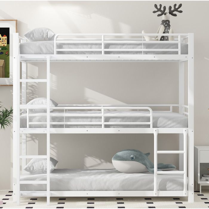 Maisentiel Lit superposé triple en acier blanc 90 x 200 cm 3 couchages avec échelle fixe