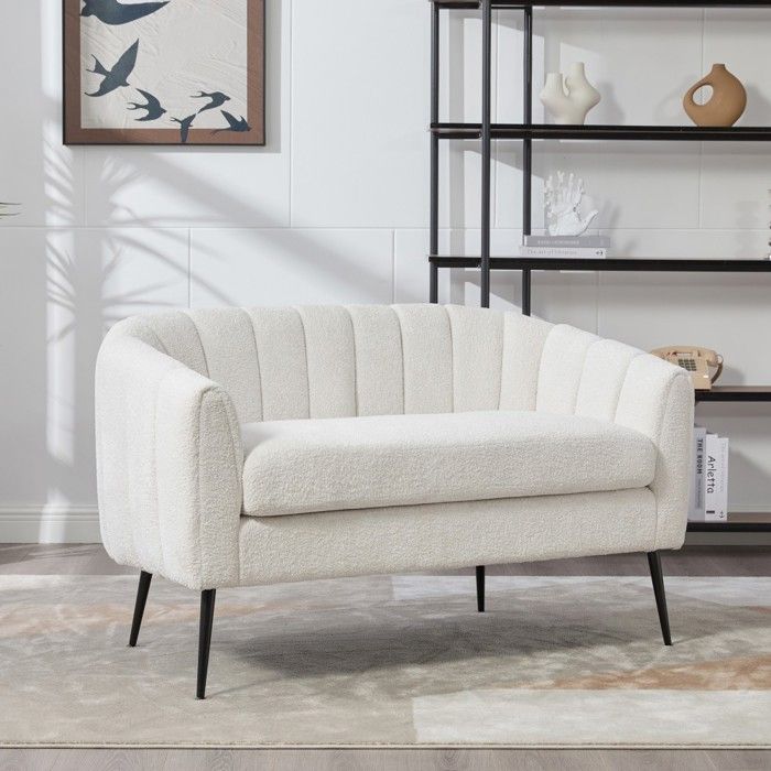 Canapé Fixe Mini méridienne 2 places chenille ivoirecanapé dappoint moderne pieds métal rainuré salon petit espace 1275x70x765cm