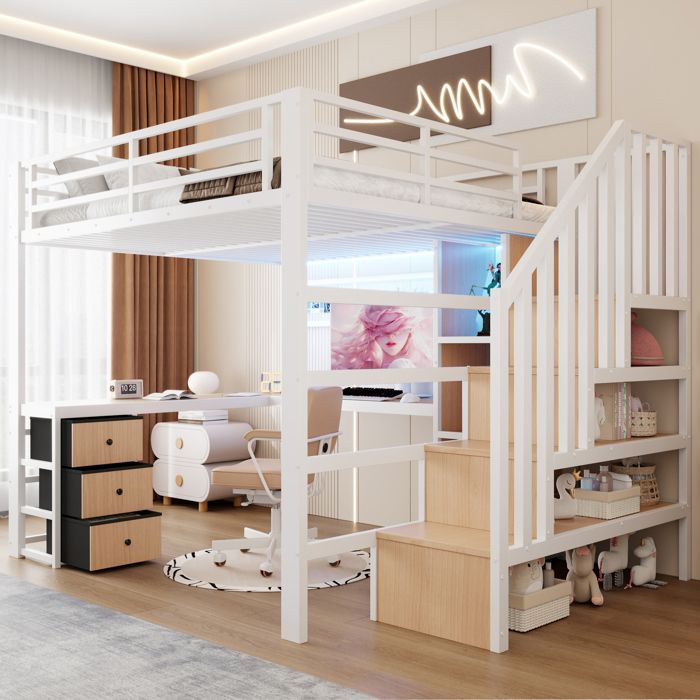 Lit Mezzanine en fer 90x200 avec LED et bureau Lit Enfant avec 4 tiroirs et penderie Escalier Rangement Blanc(Sans Matelas)