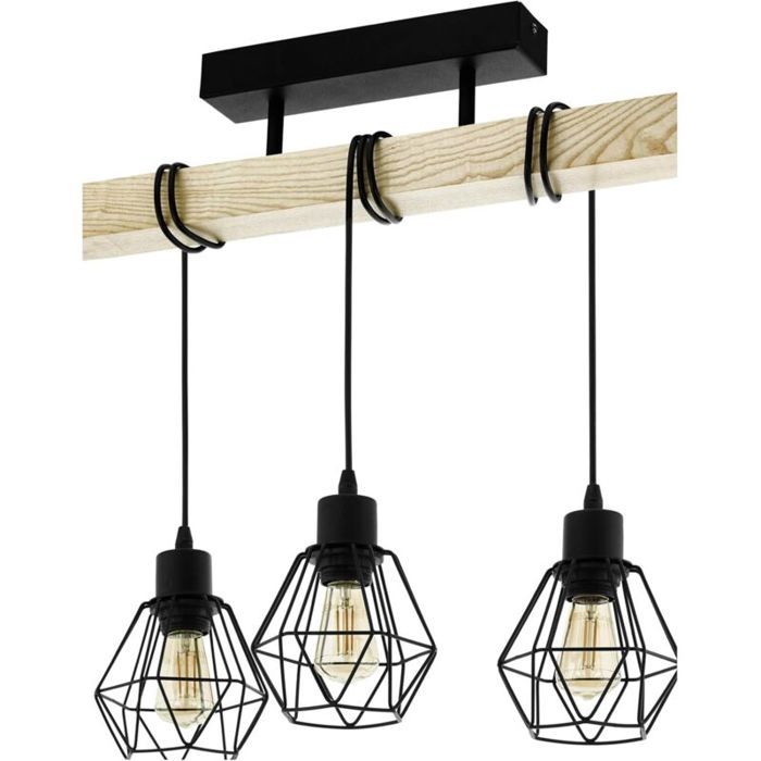 Lustre vintage industriel - PZCC - 3 lampes - Acier noir et bois - Douille E27 - Dimmable - 36 cm de hauteur