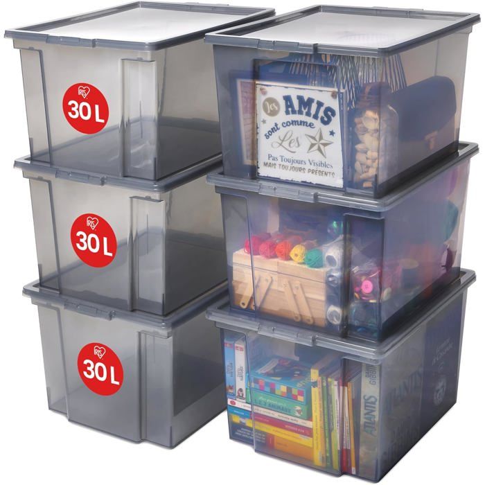Boite de rangement transparente 30L avec couvercle lot de 6 empilables