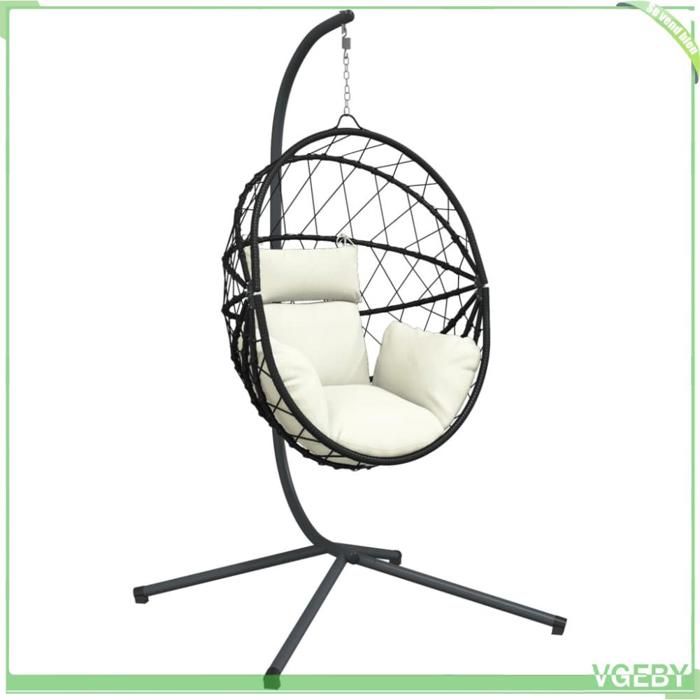 Chaise suspendue en forme dœuf - FAFEICY - 4007404 - Rotin et corde - Cadre acier pivotant - Coussin amovible beige
