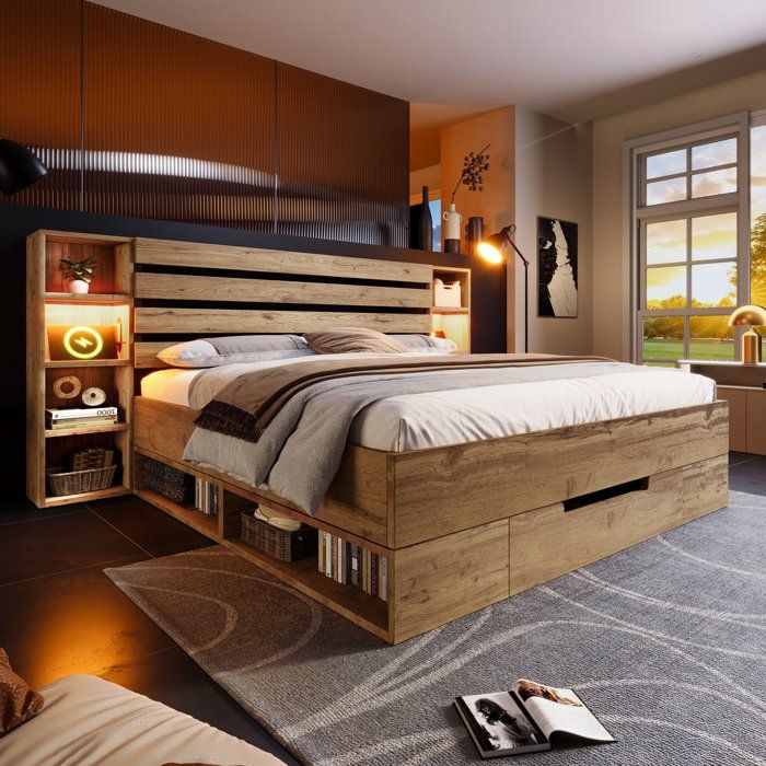 Lit double en bois massif 160x200 cm avec éclairage LED et port USB-C Lit coffre avec 2 tiroirs sommier bois inclus chêne