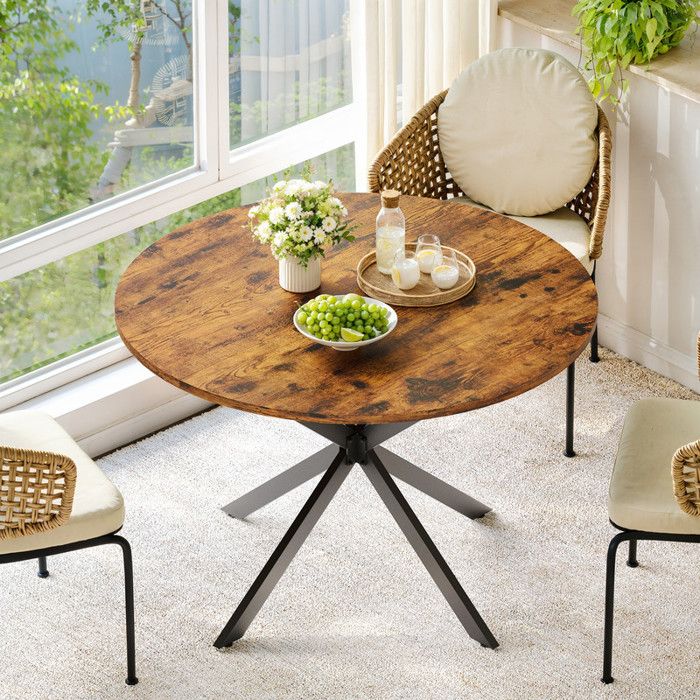 Table à manger ronde style industriel vintage 120 cm spacieux pieds en forme de X brun‑noir table polyvalente pour cuisine et salon