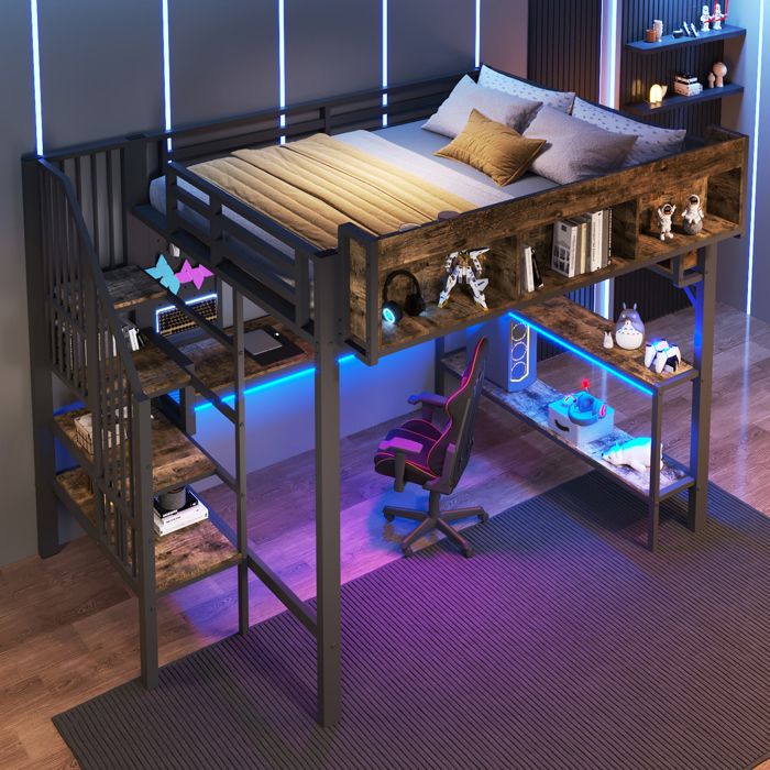 Lit mezzanine avec bureau - Dimensions 140x200 cm - Couleur brun-noir vintage - Bureau dangle intégré