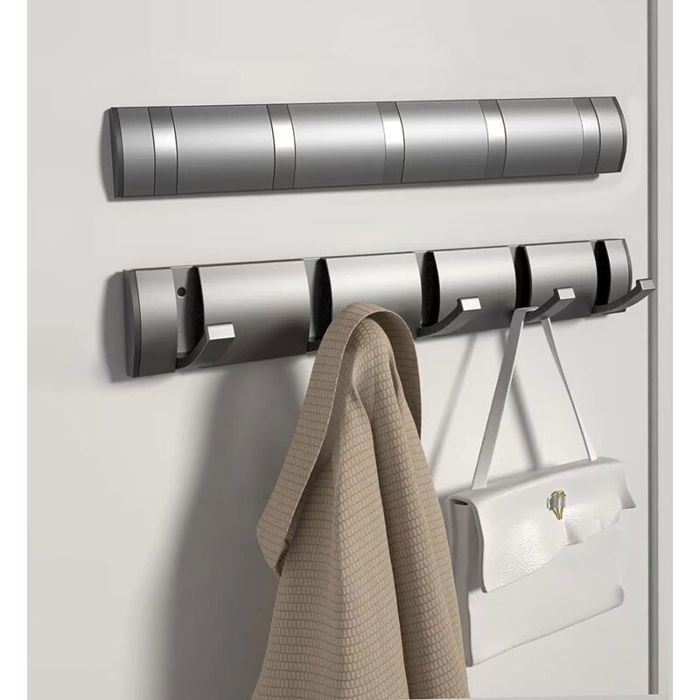 Porte-manteau mural robuste en aluminium avec 5 crochets rétractables pour suspendre vêtements chapeaux sacs à main et clés – Gris
