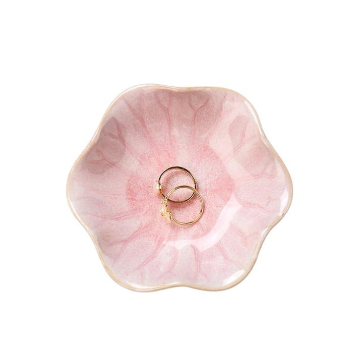 Coupelle à bijoux - GRANDSALEY - Feuille de lotus - Céramique rose - Bords dorés - 11 x 94 cm