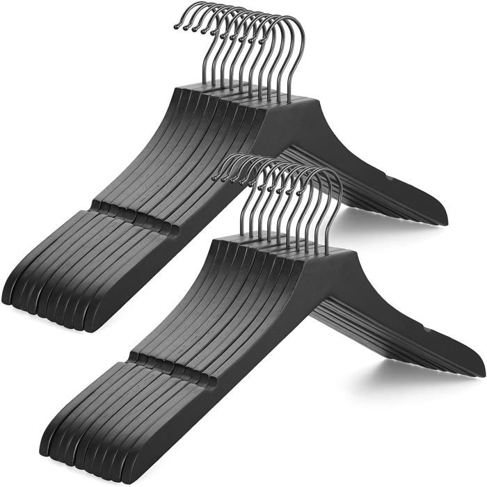 Cintres en Bois Antidérapants 20 Pièces Crochet Rotatif 360° Encoches Modèle CTS07B Noir pour Vestes Robes
