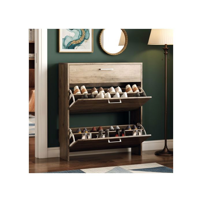VINGLI Armoire à Chaussures Gris lavé 2 Portes 1 Tiroir Meuble à Chaussures 12 à 16 Paires Meuble Entrée Couloir 80x24x94cm