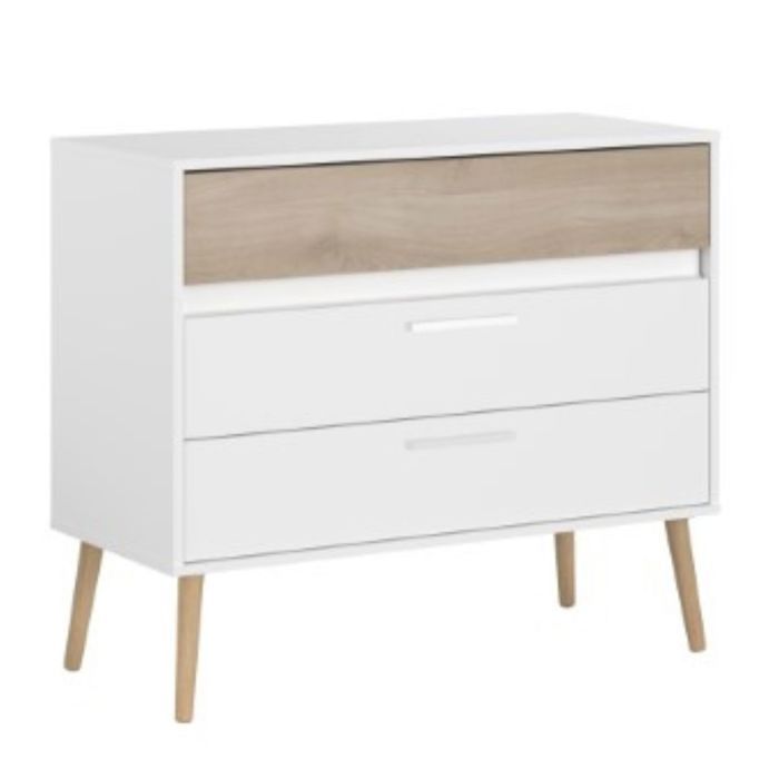 Commode 3 tiroirs blanche avec façade supérieure finition aspect bois - BORGALL Commode 3 tiroirs blanche avec façade supérieure finition aspect bois - BORGALL