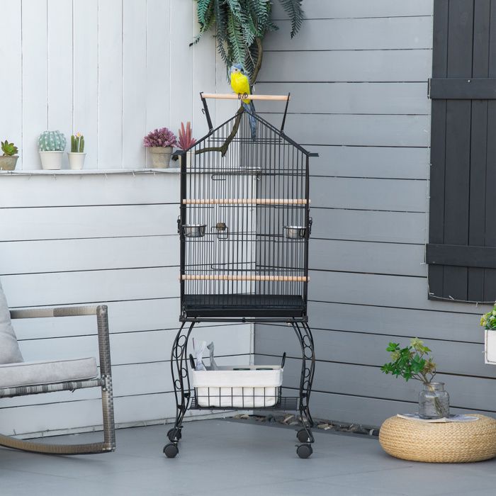 Cage à oiseaux sur support 50 x 58 x 137-145 cm noir roues plateau amovible et mangeoires pour canaris et perruches