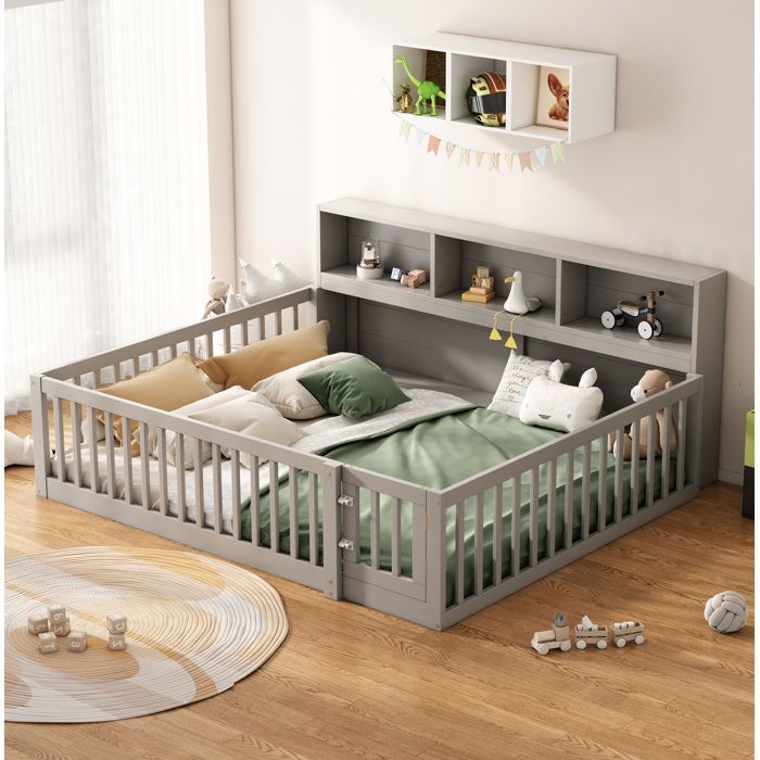 Lit Banquette Enfant 140 x 200 cm Avec Rangement Latéral Ouvert Barrières De Sécurité Sommier À Lattes Pin MDF Gris