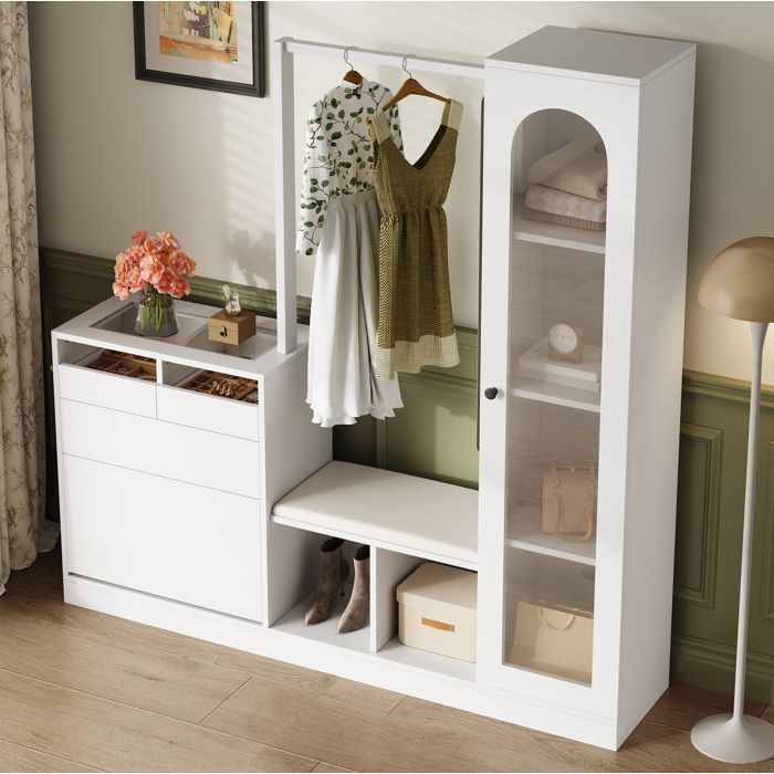 Meuble d’entrée multifonction 6-en-1 blanc brillant avec penderie banc vitrine miroir et rangements