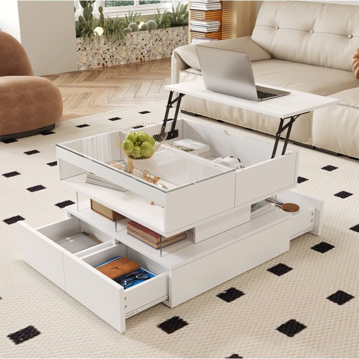 Table basse relevable blanche avec plateau en verre LED 16 couleurs tiroirs et compartiments