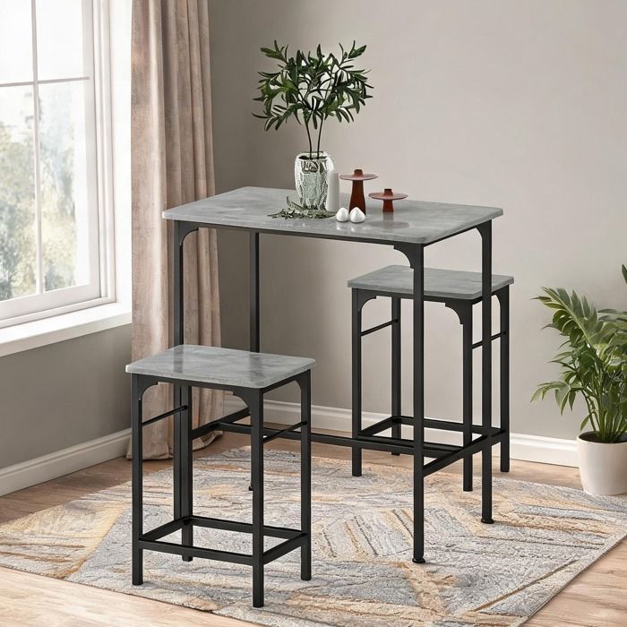 Ensemble table haute et 2 tabourets style industriel acier gris neutre 80x50 cm