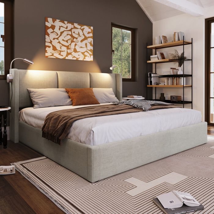 ROVRYN lit coffre 160x200 cm avec sommier a lattes lampes de lecture USB tete de lit rembourree en lin beige