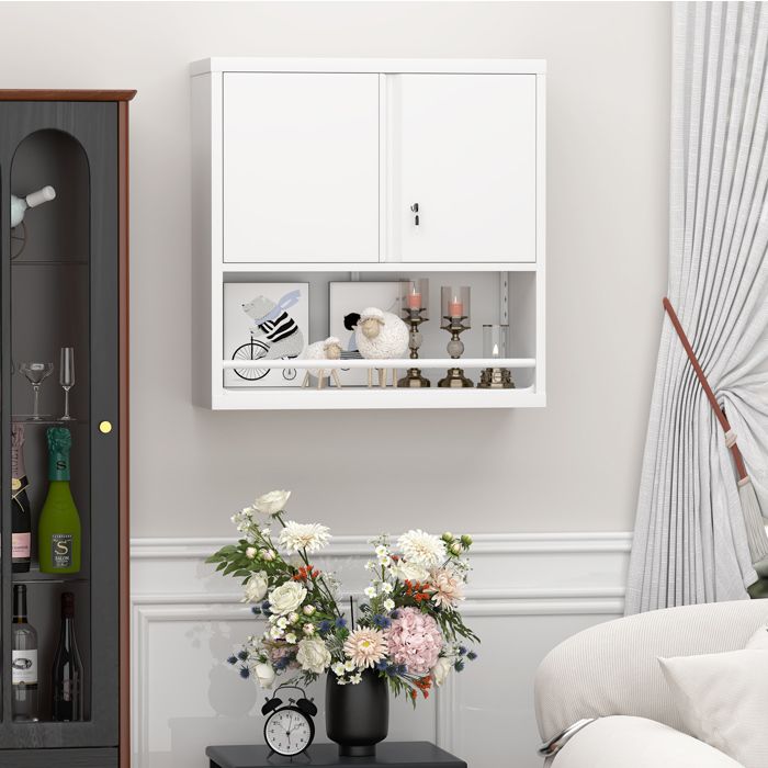 Armoire murale de rangement en métal blanc 76 2 x 30 5 x 78 cm 2 portes verrouillables et étagères réglables