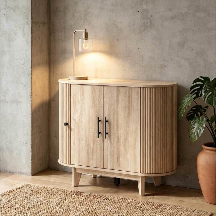 MEUBLIV Buffet bas ovale 4 portes avec étagère réglable décor chêne clair et noir 90 x 40 x 76 cm