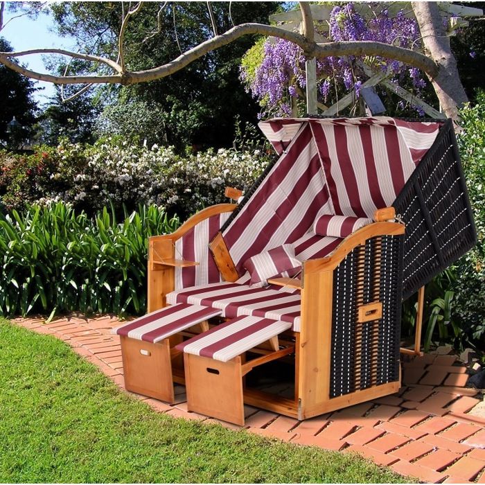 Fauteuil de Jardin Double à Dossier Réglable 5 Positions avec Repose-Pieds et Auvent - ELVMI - Bois Métal Rouge
