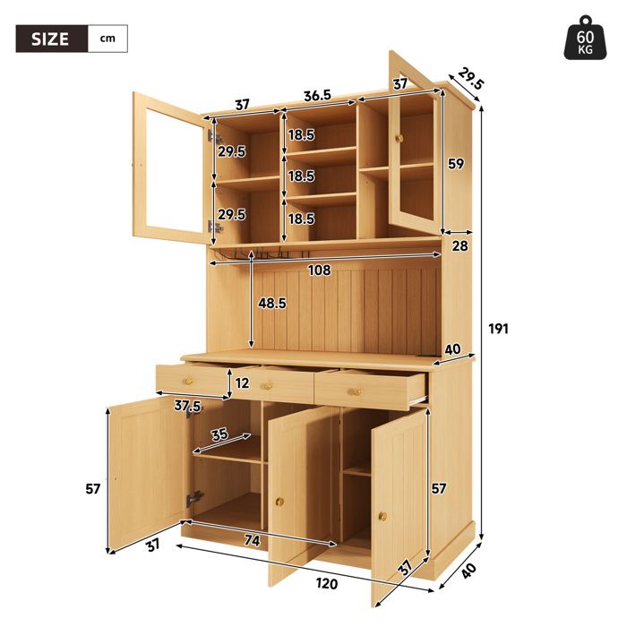 Buffet haut vaisselier 120 x 40 x 191 cm avec portes vitrées 2 tiroirs prise intégrée USB-A USB-C ORVRYN