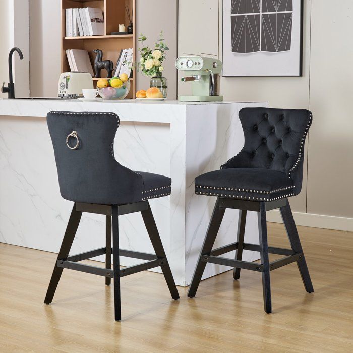 Tabouret de bar pivotant en velours - Noir - Velours - Pivotant à 360° - Dossier incurvé - Coussin épais