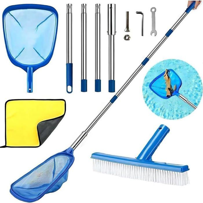Épuisette de piscine avec maille fine - manche télescopique 187 cm - brosse intégrée - kit nettoyage pour piscine spa et bassin