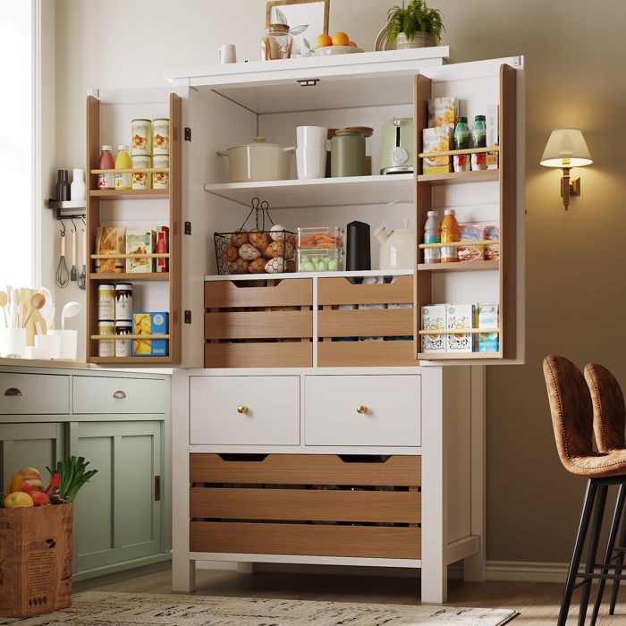 Buffet de cuisine haut - 80x40x140 cm - 5 tiroirs - 2 portes - Grand espace de rangement - Étagères fixes