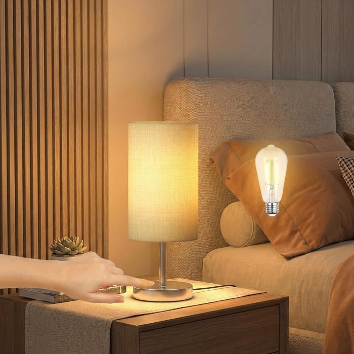 Lampe De Chevet Tactile Mable Lampe De Table Beige Tissu E27 Avec Ampoule Led 6W 3 Niveaux De Luminosité Veilleuse Moderne[LL555]