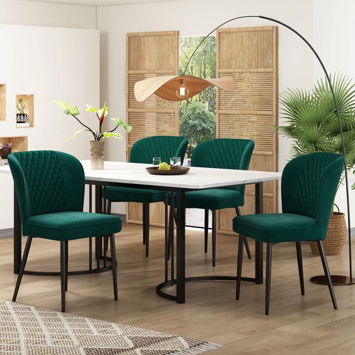 Table à manger 140x80 plateau MDF blanc effet marbre Table de cuisine et chaises chaises velours vert foncé 4 places
