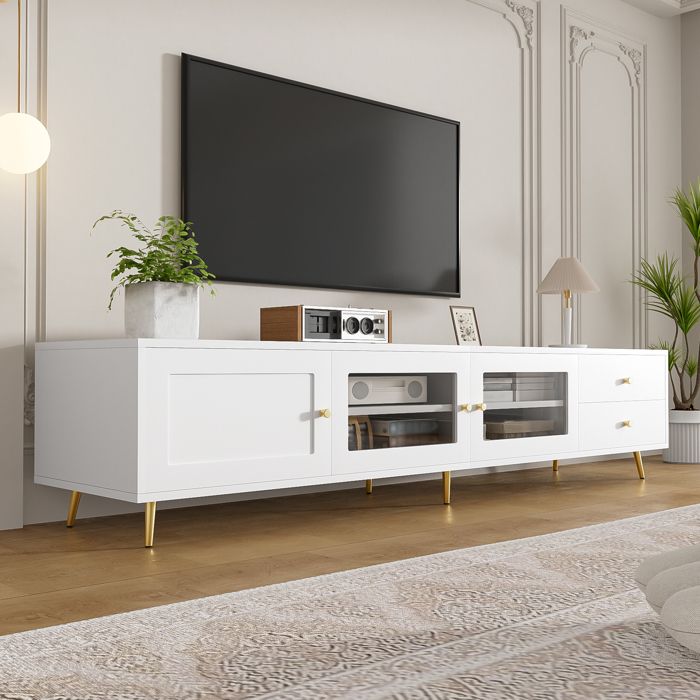 Meuble TV moderne - 170×40×28 cm - Blanc - 2 tiroirs - 2 portes en verre - 1 porte darmoire - Étagères réglables