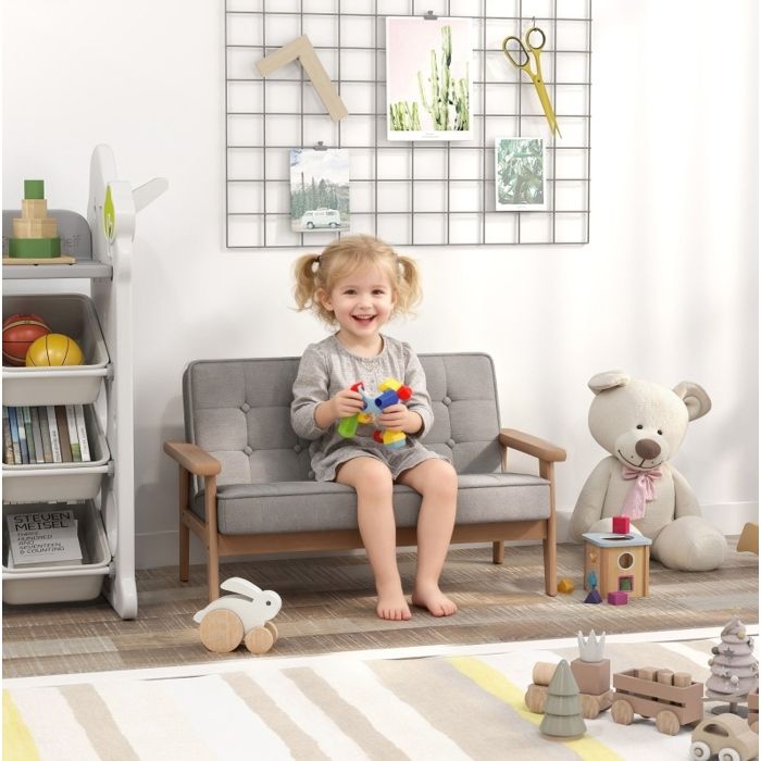 Canapé enfant 2 places - banquette en bois et tissu gris - accoudoirs 77 x 42 x 48 cm Canapé enfant 2 places - banquette en bois et tissu gris - accoudoirs 77 x 42 x 48 cm