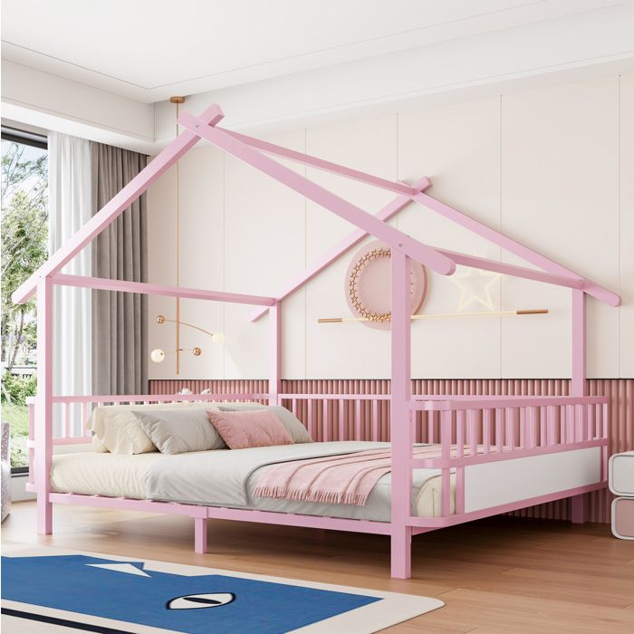 Lit enfant en métal en forme de maison – 140 x 200 cm – rose – avec garde-corps et toit décoratif