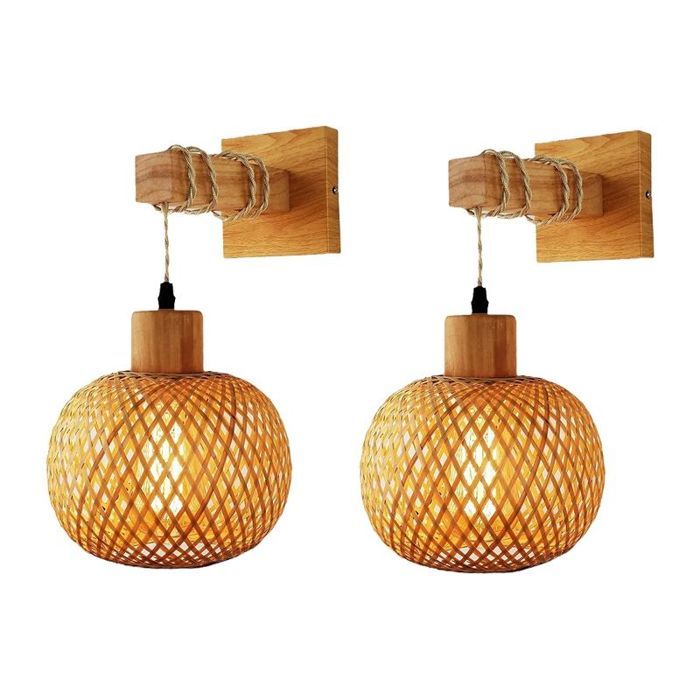 Lot de 2 Applique Murale Lanterne en Bambou et Rotin Naturel Osier Tissé à la Main Abat-Jour Décoratif pour Chambre (Ampoule Non
