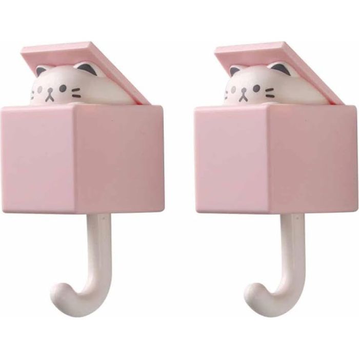 Lot de 2 Patères Murales Chat Décoratives Rose Crochets Rangement Adhésifs pour Maison et Bureau